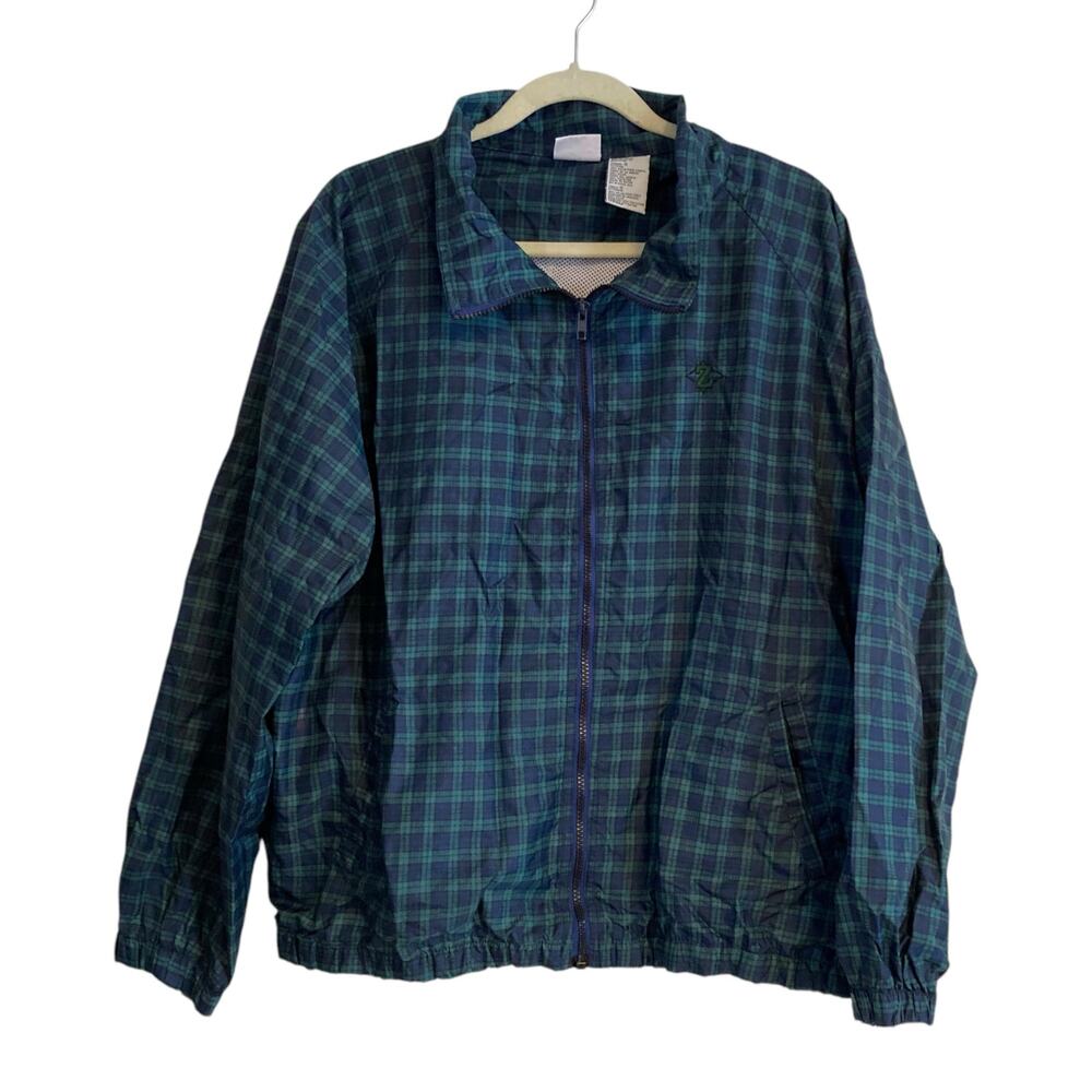 Vintage Jerzees Green Blue Plaid Nylon Windbreaker Jacket Mens Large